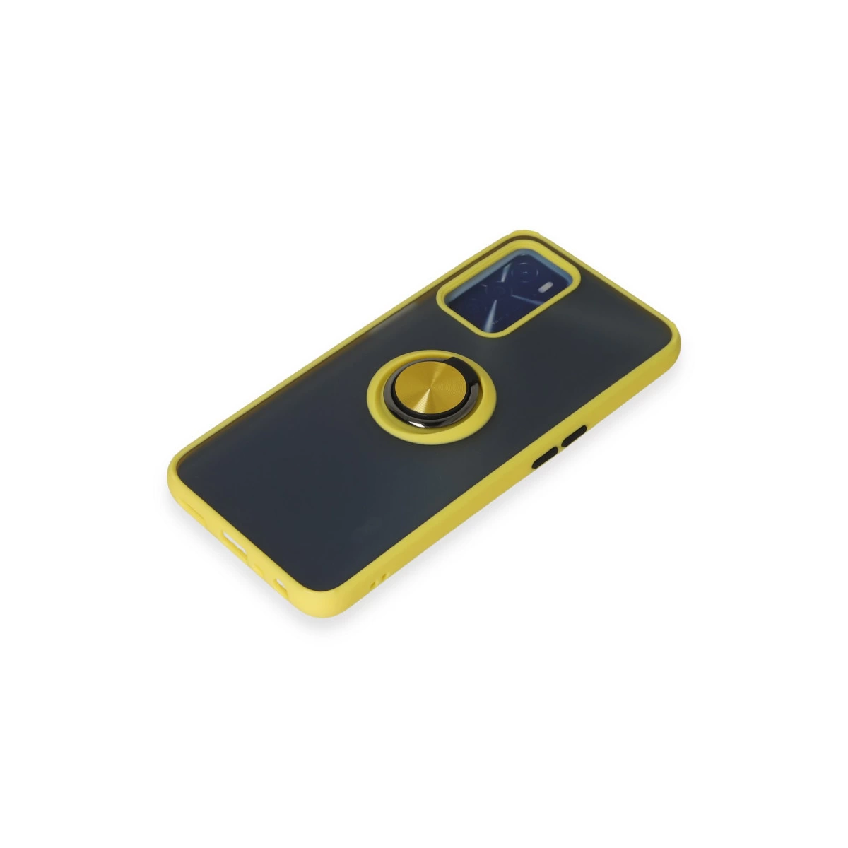 Sarı kenarlı, altın halka tutuculu koyu renk telefon kılıfı.