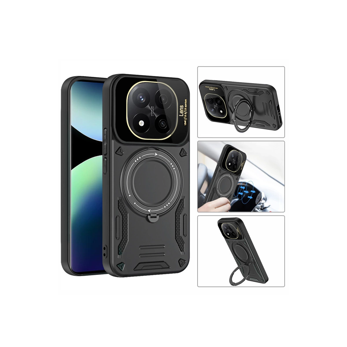 Beyaz arka plan üzerinde halka tutuculu ve manyetik fonksiyonlu siyah telefon kılıfı.