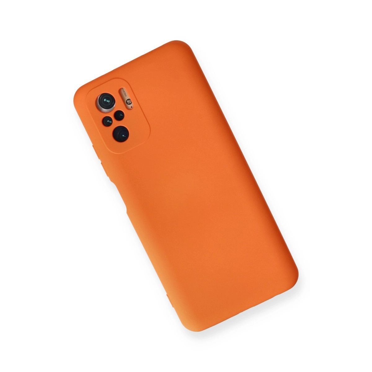 Beyaz arka plan üzerinde kamera oyuntulu turuncu telefon kılıfı.