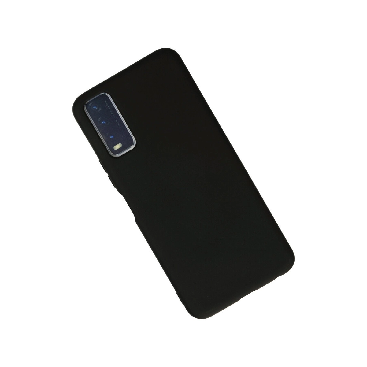 Beyaz arka plan üzerinde kamera modüllü siyah telefon kılıfı.
