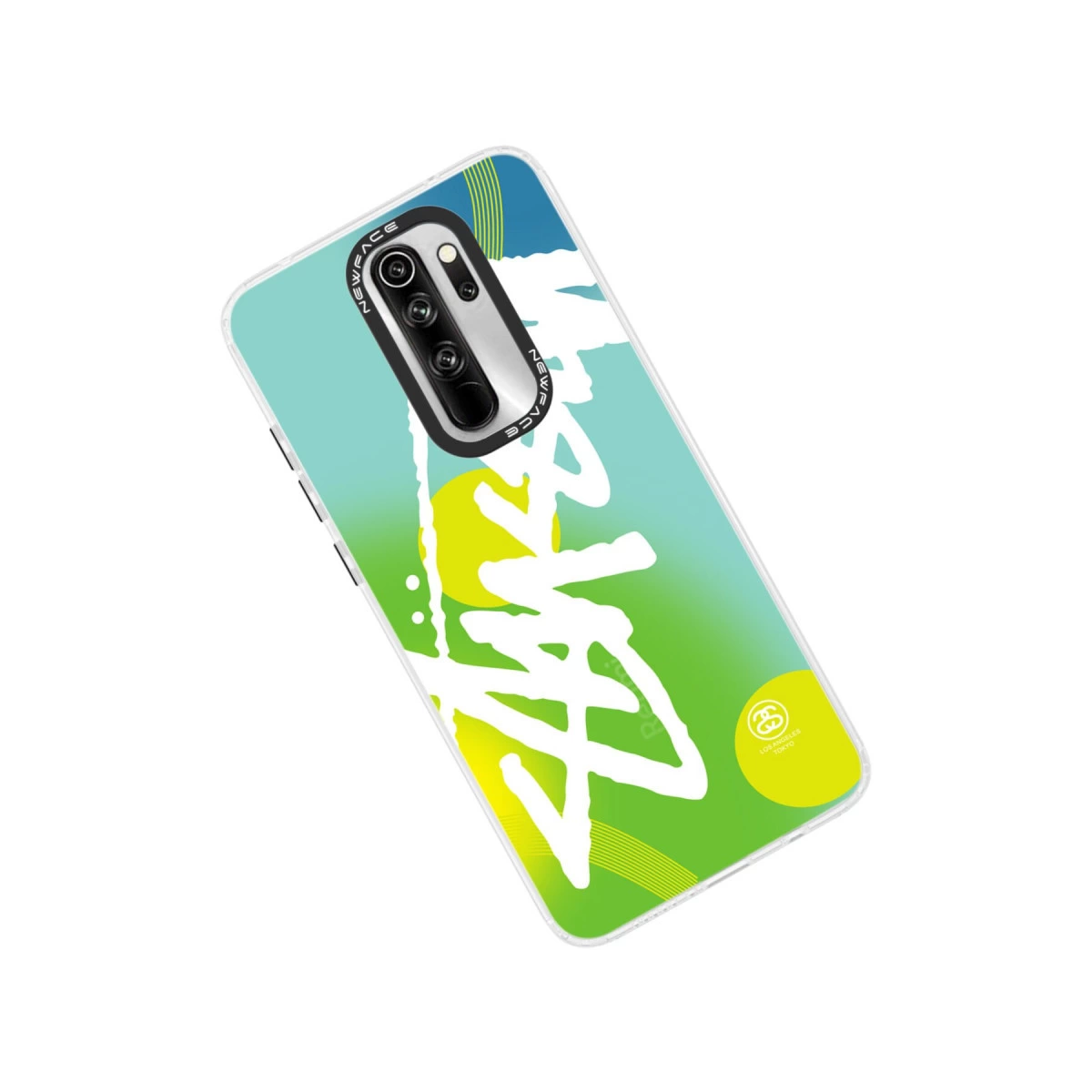 Yeşil-mavi degrade grafiti tasarımlı, beyaz yazılı ve sarı daireli telefon kılıfı.