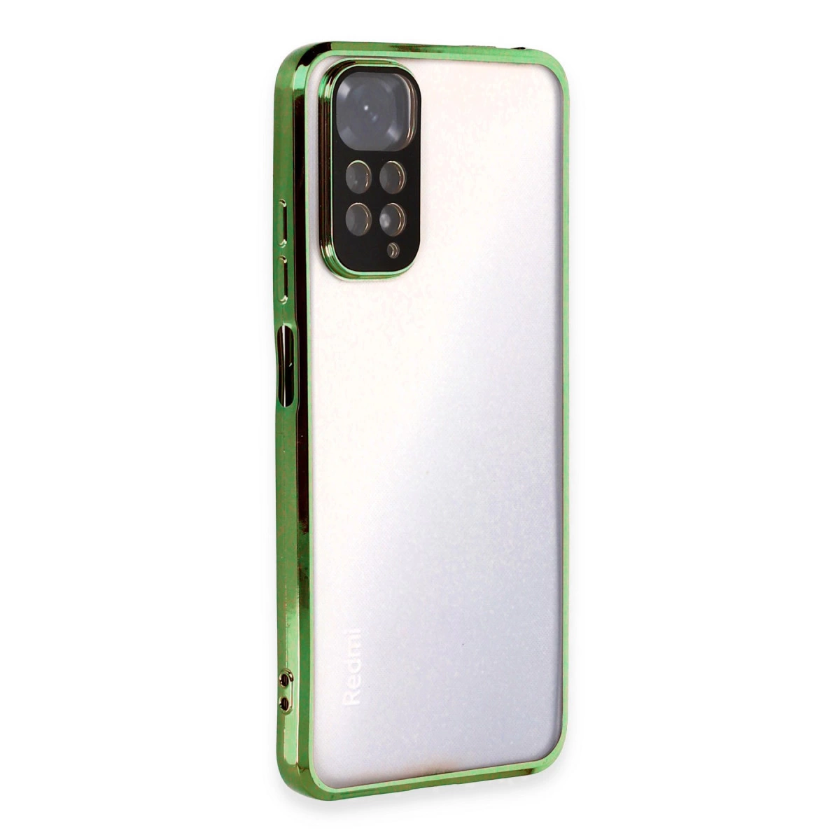 Yeşil kenarlı ve kamera dizilimli şeffaf telefon kılıfı.