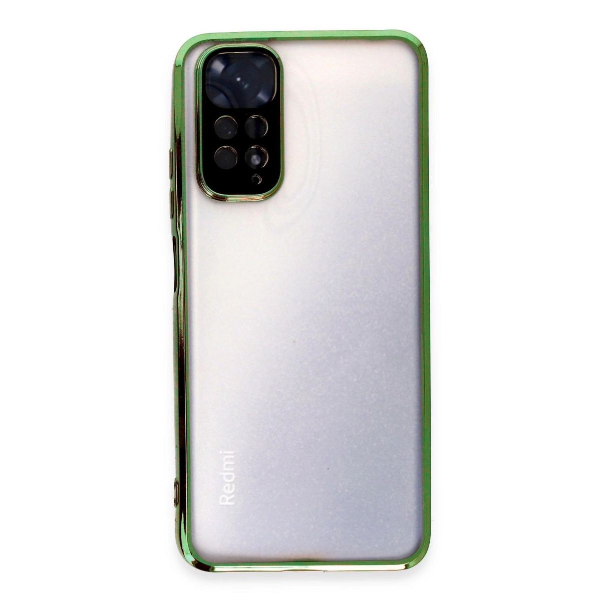 Yeşil kenarlı ve kamera modüllü şeffaf telefon kılıfı.