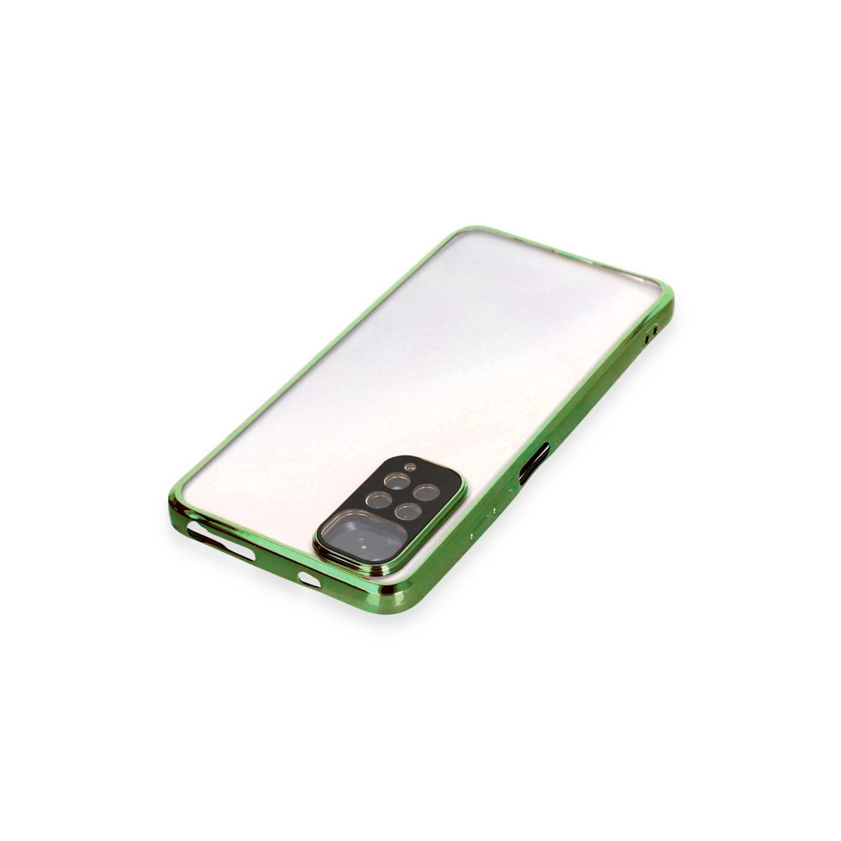 Şeffaf arka ve dört kamera lensli yeşil telefon kılıfı.