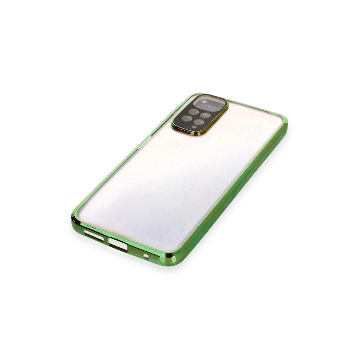 Yeşil kenarlı ve kamera kesimli şeffaf telefon kılıfı.