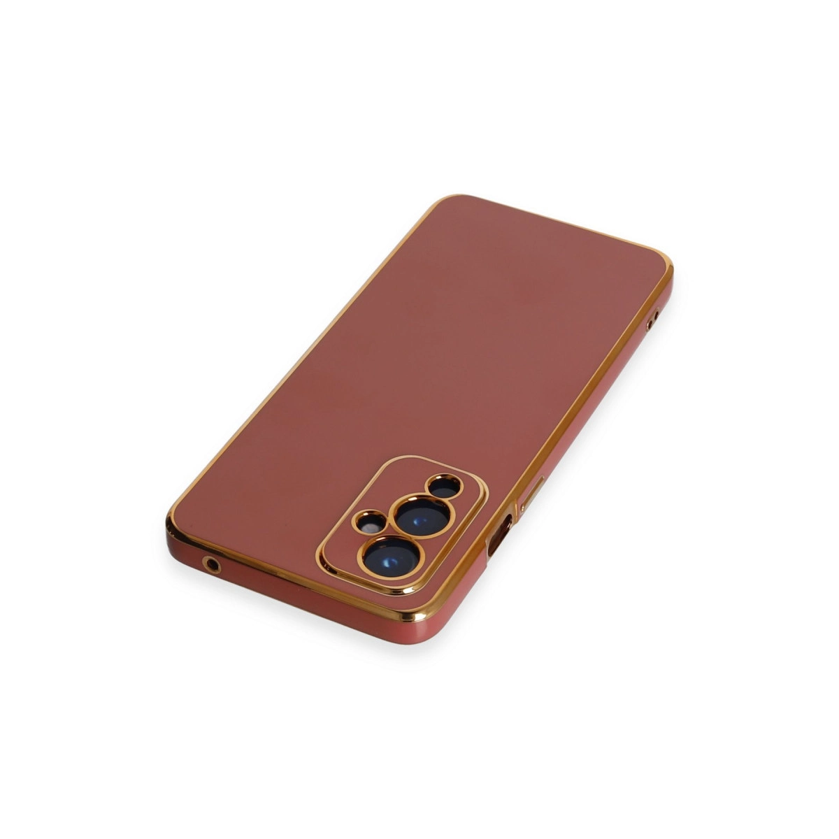 Altın çerçeveli ve kamera modüllü kahverengi telefon kılıfı.