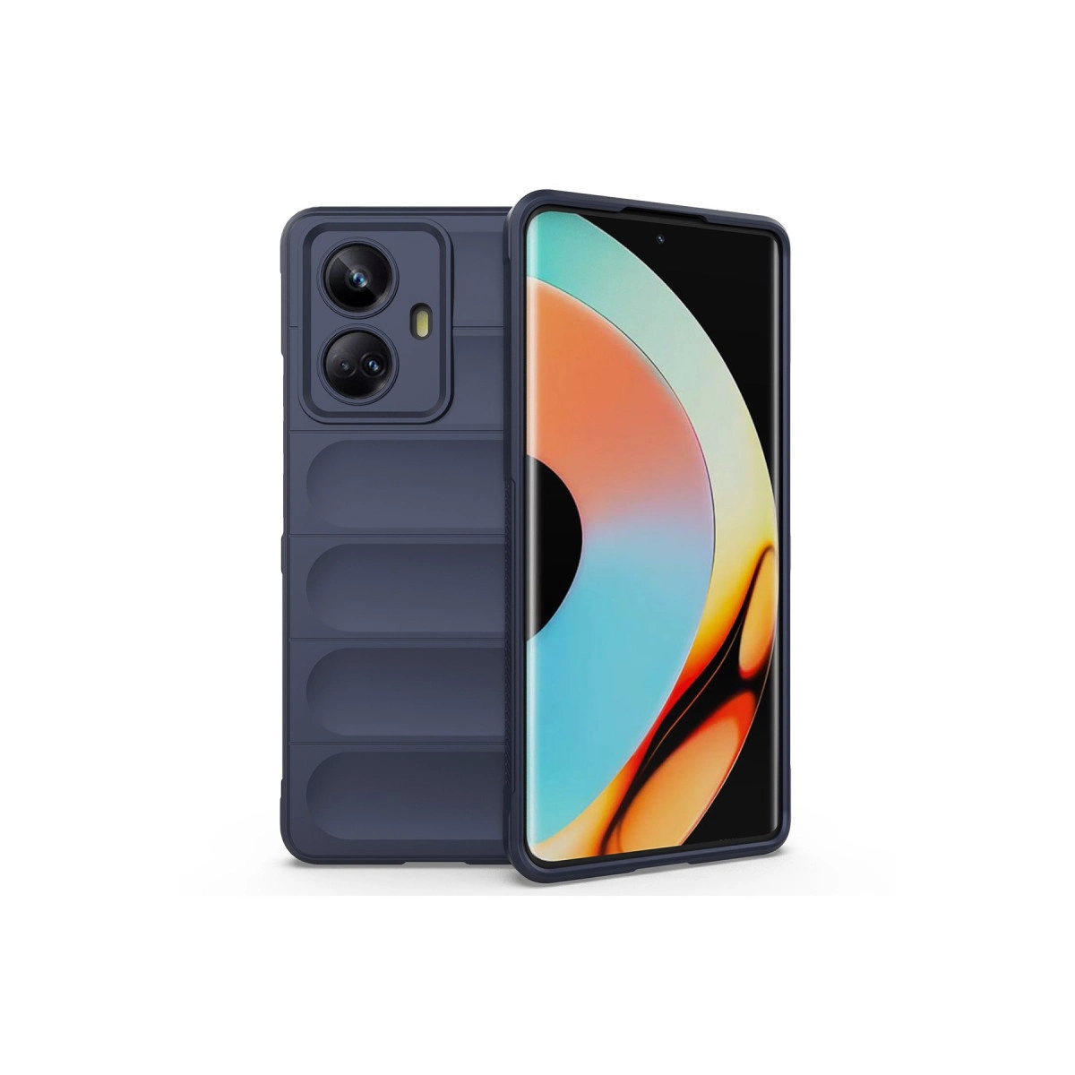 Üç kameralı, nervürlü arka yüzlü lacivert telefon.