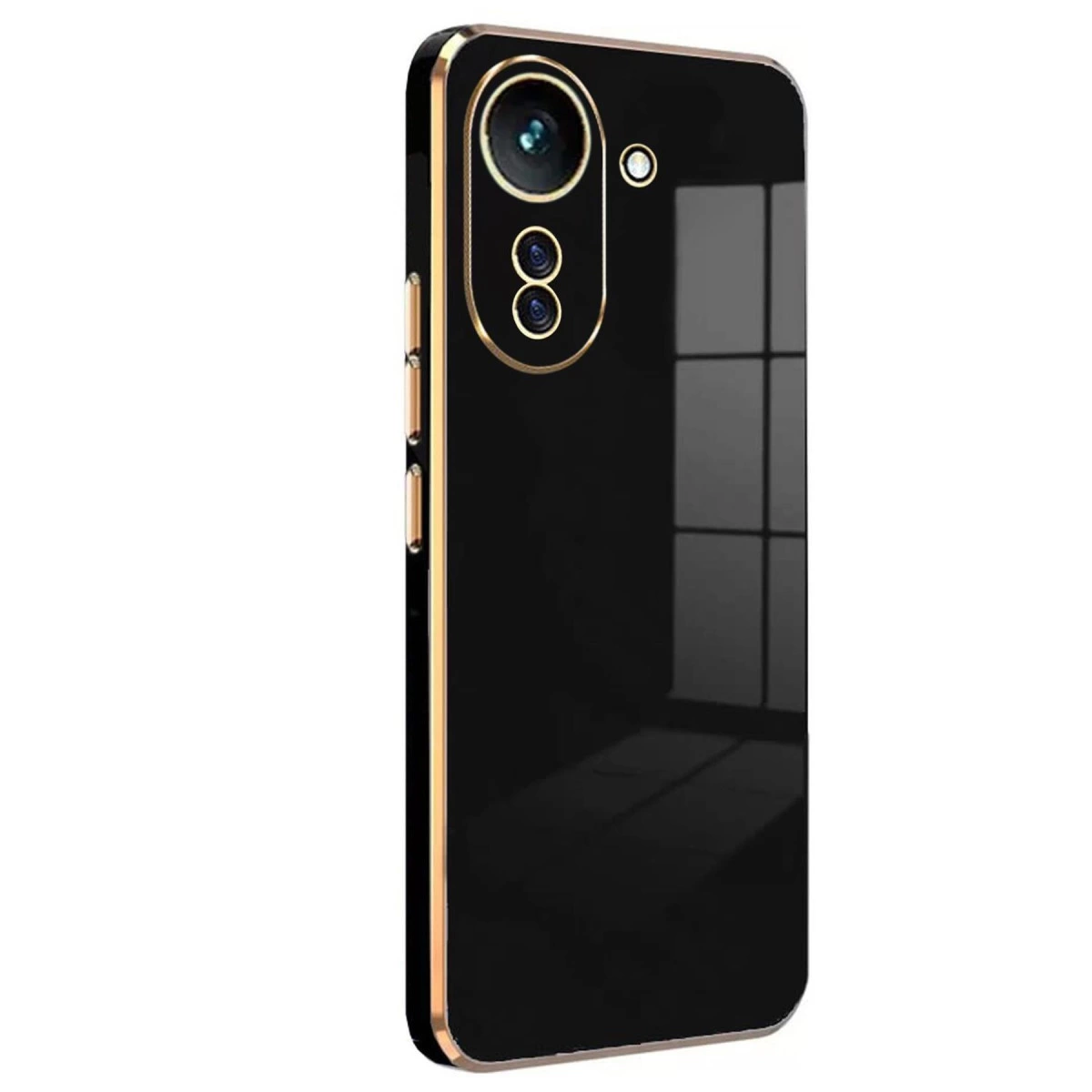 Altın kenarlı ve lensli siyah telefon kılıfı.