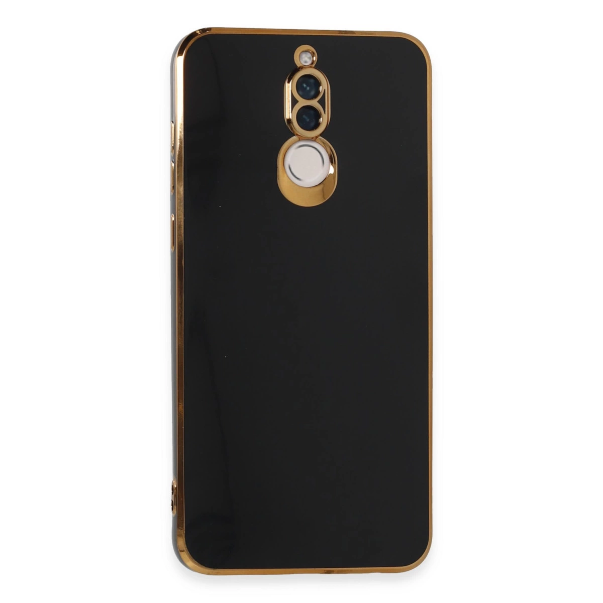 Altın çerçeveli, kamera kesimli siyah telefon kılıfı.