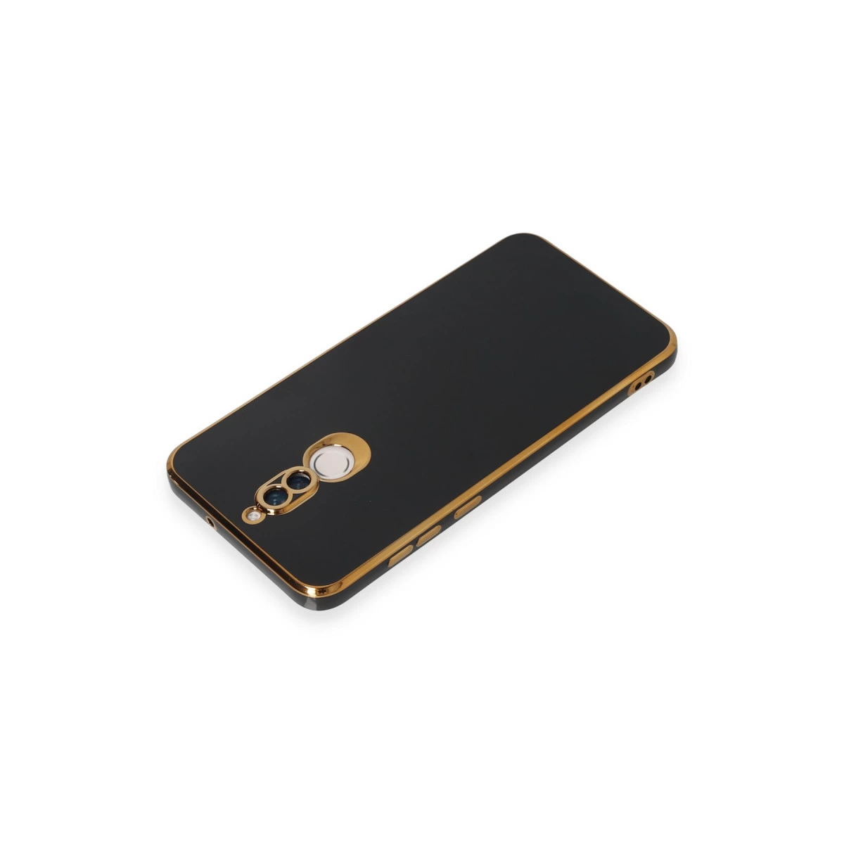 Altın kenarlı ve kamera kesimli siyah telefon kılıfı.