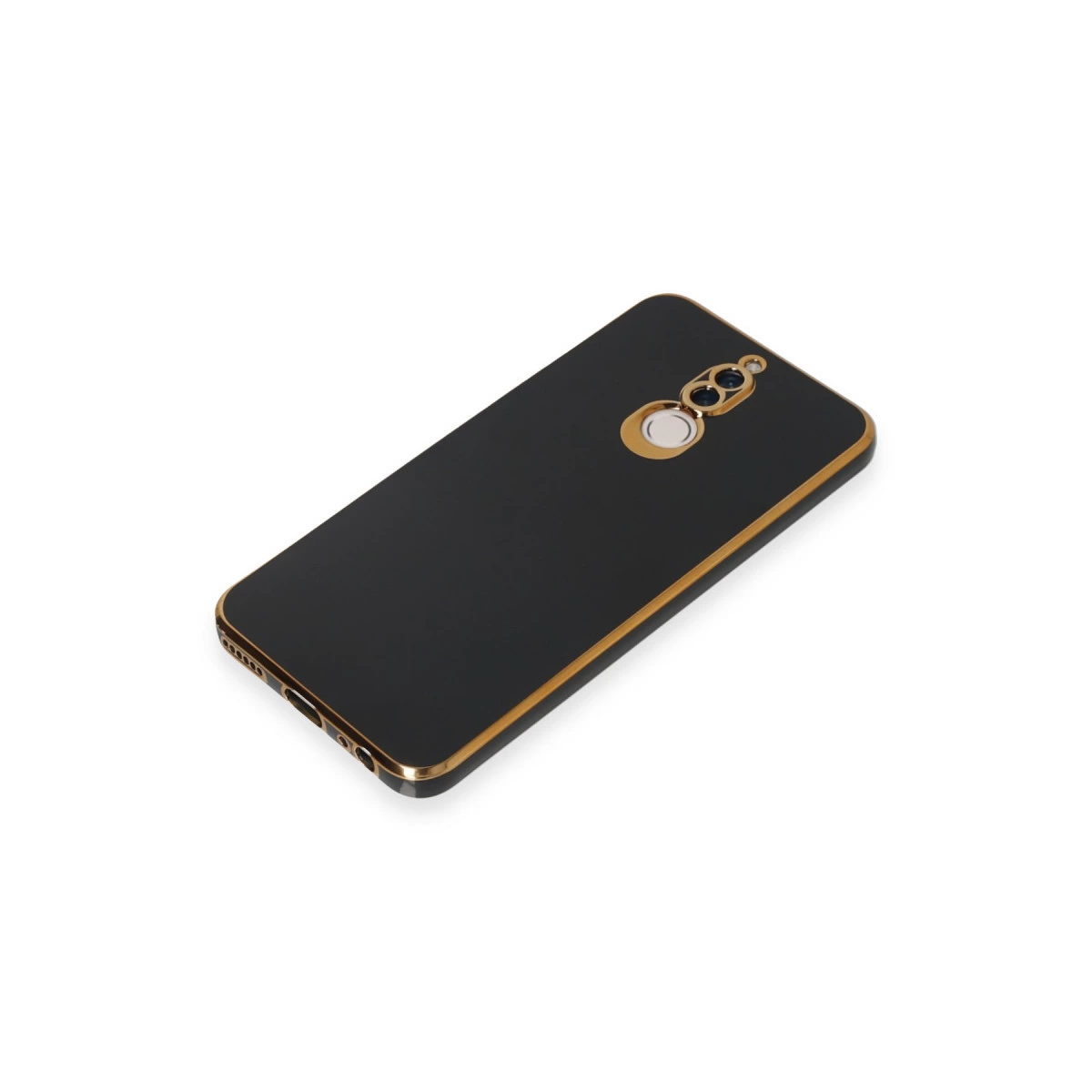 Altın kenarlı ve kamera kesimli siyah telefon kılıfı.