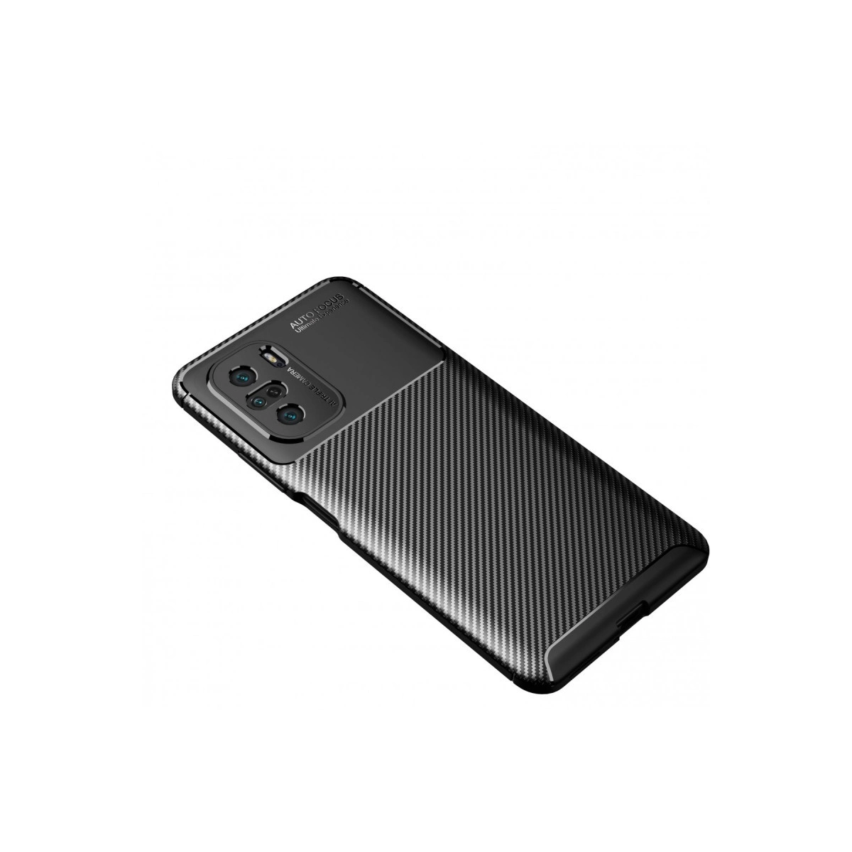 Karbon fiber desenli siyah telefon kılıfı ve kamera modülü.