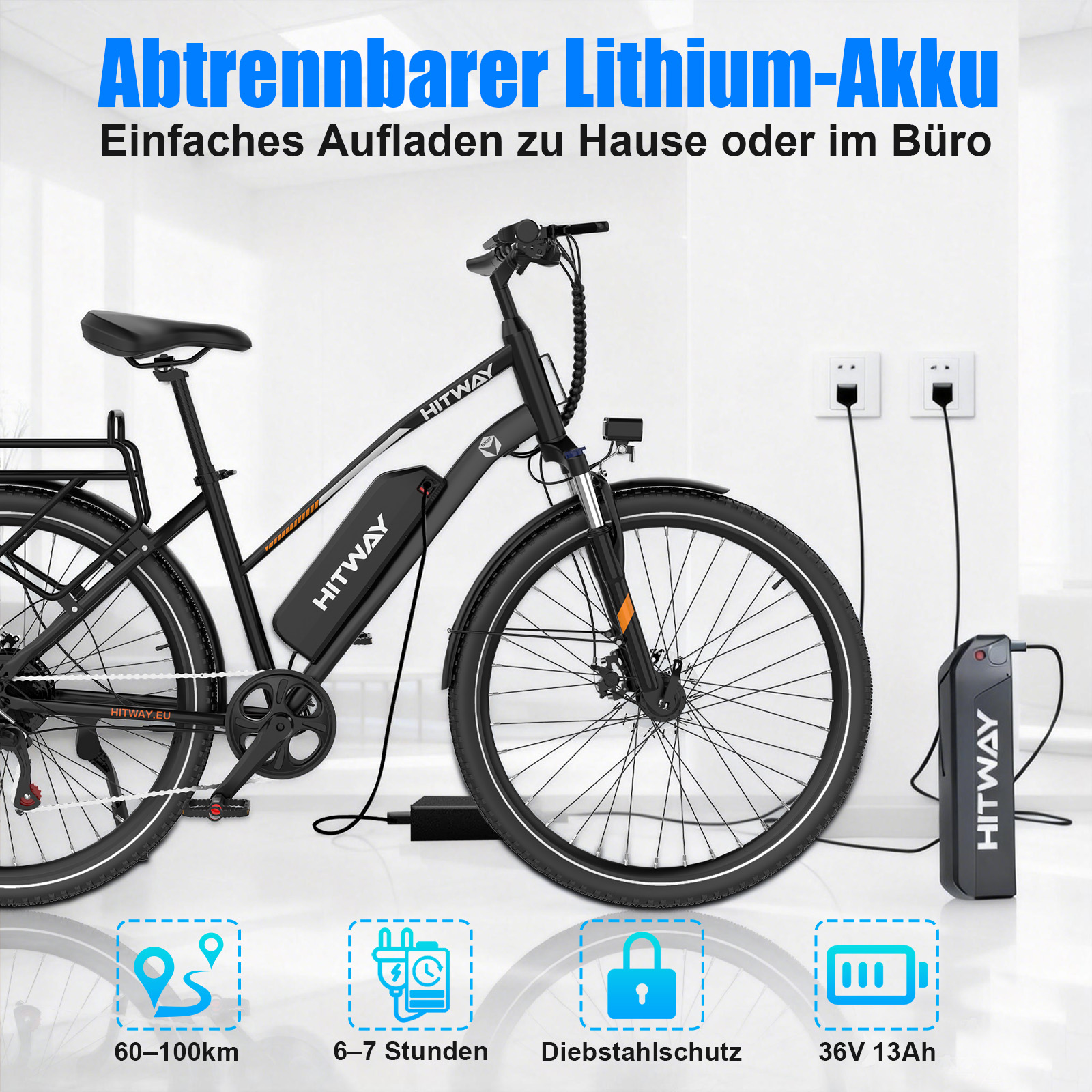 Schwarzes E-Bike mit abnehmbarem Akku wird geladen. Icons zeigen Reichweite, Ladezeit, Diebstahlschutz, Akku.