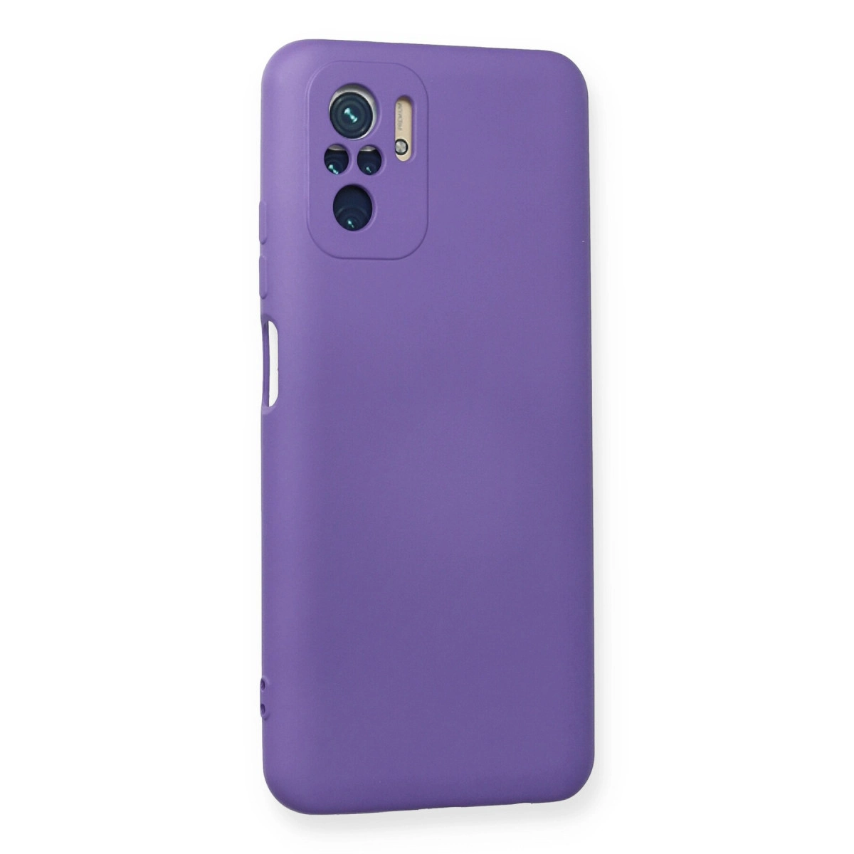 Beyaz arka plan üzerinde kamera oyuntulu mor telefon kılıfı.