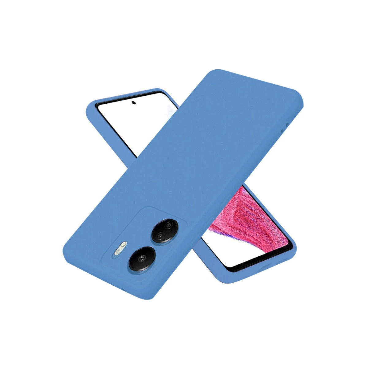 Pembe ekranlı bir akıllı telefonun üzerinde mavi telefon kılıfı.