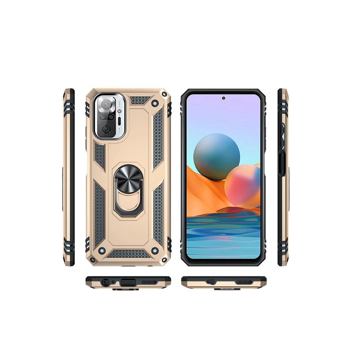 Halka tutuculu altın rengi telefon kılıfı ve akıllı telefon.