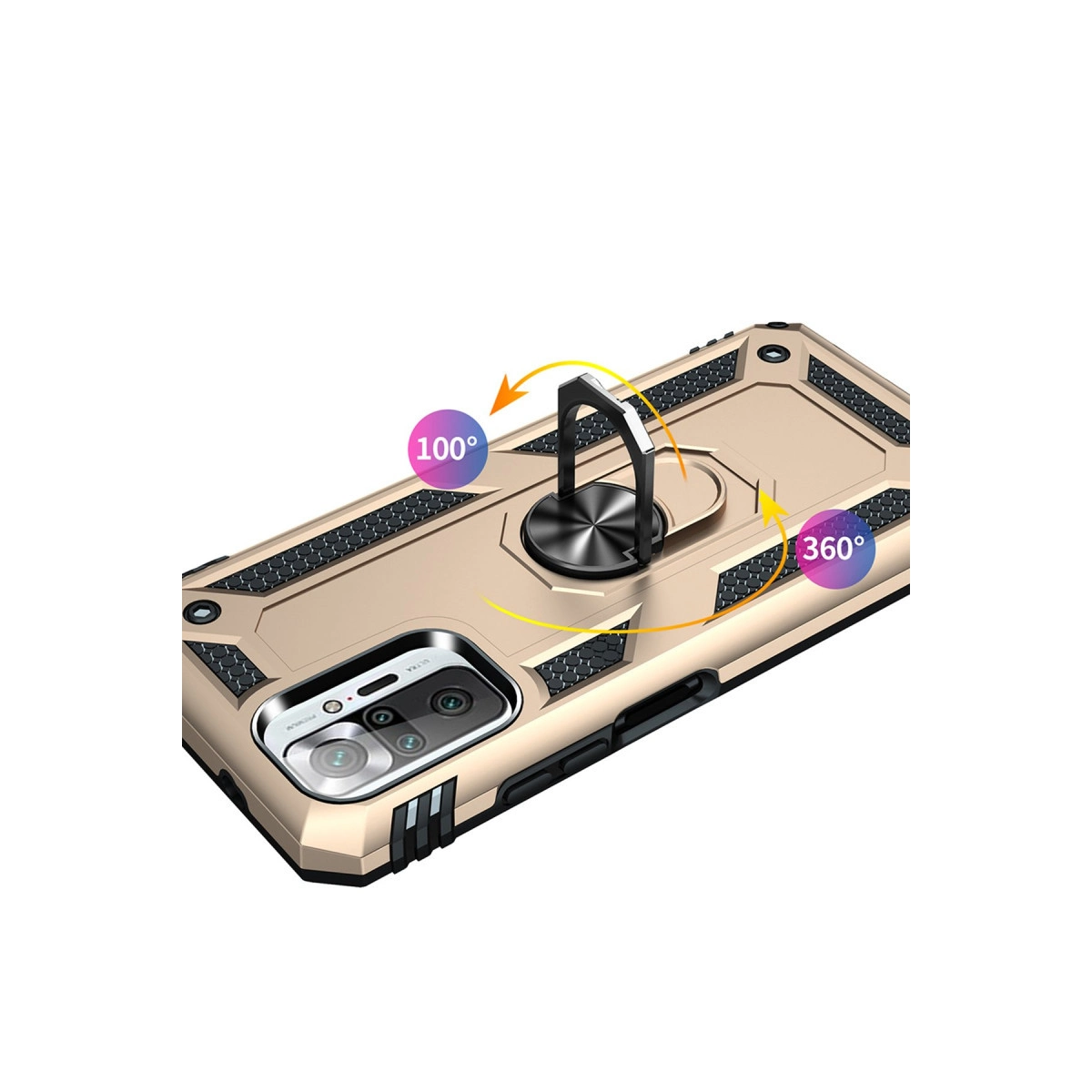 Altın rengi telefon kılıfı, entegre halka tutucu, 100° ve 360° gösterimi.