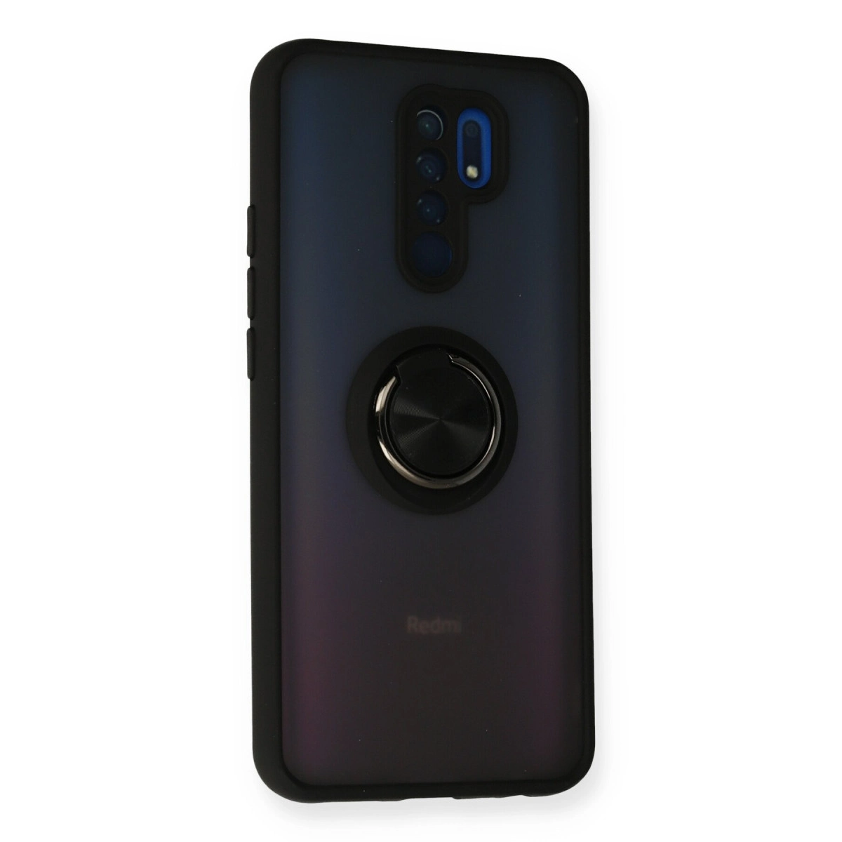 Arkada halka tutuculu ve dörtlü kamerası olan siyah telefon kılıfı. Redmi logosu görünüyor.