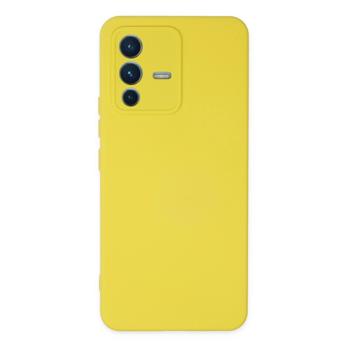 Üç kamera lensli ve flaşlı sarı telefon kılıfı.