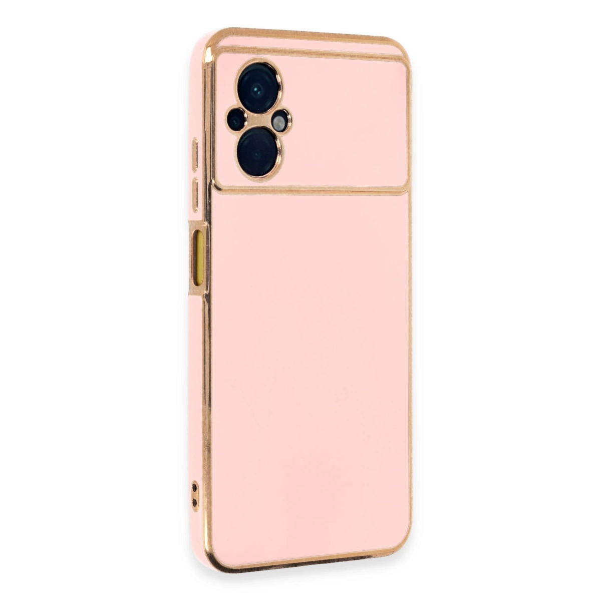 Altın vurgulu, pembe telefon kılıfı ve kamera modülü.