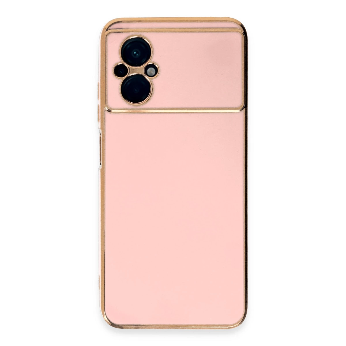 Altın çerçeveli ve iki kameralı pembe telefon arkası.