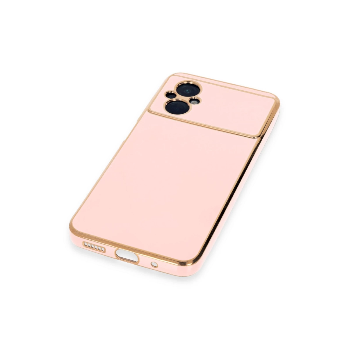 Altın rengi çerçeveli ve kamera kesimli pembe telefon kılıfı.