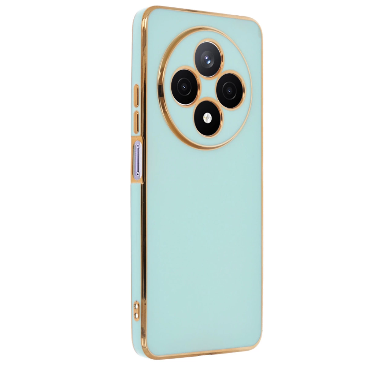 Dört lensli yuvarlak kamera modülüne sahip, altın kenarlıklı açık mavi telefon kılıfı.
