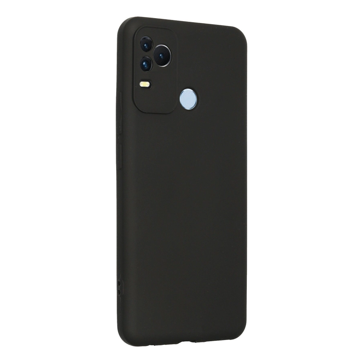 Kamera lensli ve parmak izi sensörlü siyah telefon kılıfı.