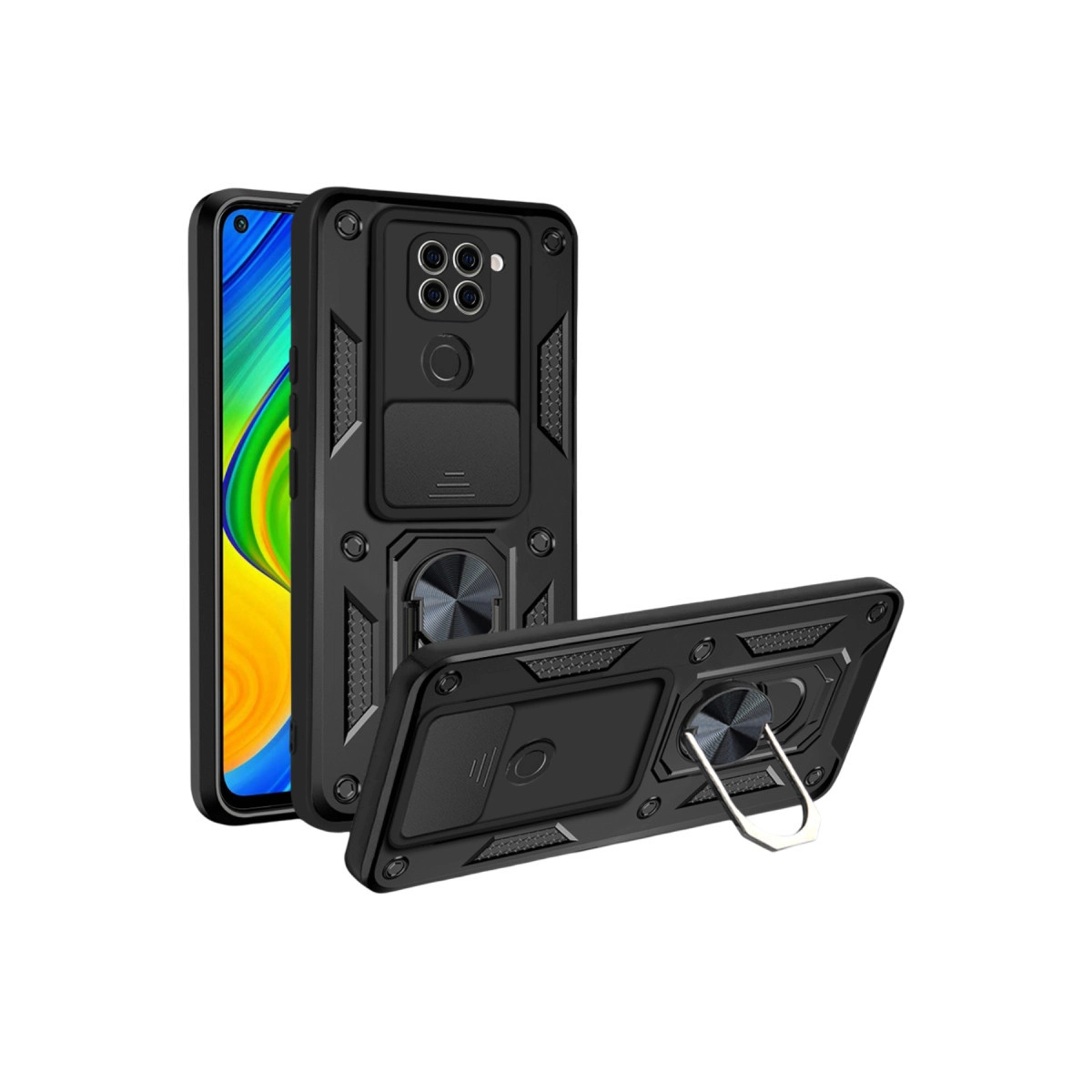 Kamera kapaklı ve halka tutuculu siyah telefon kılıfı.