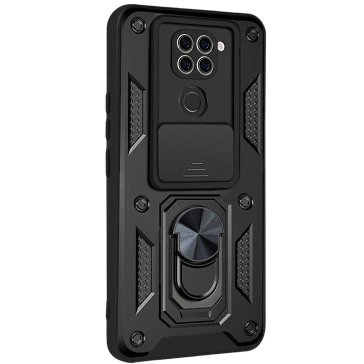 Kamera kapaklı ve halka tutuculu siyah telefon kılıfı.