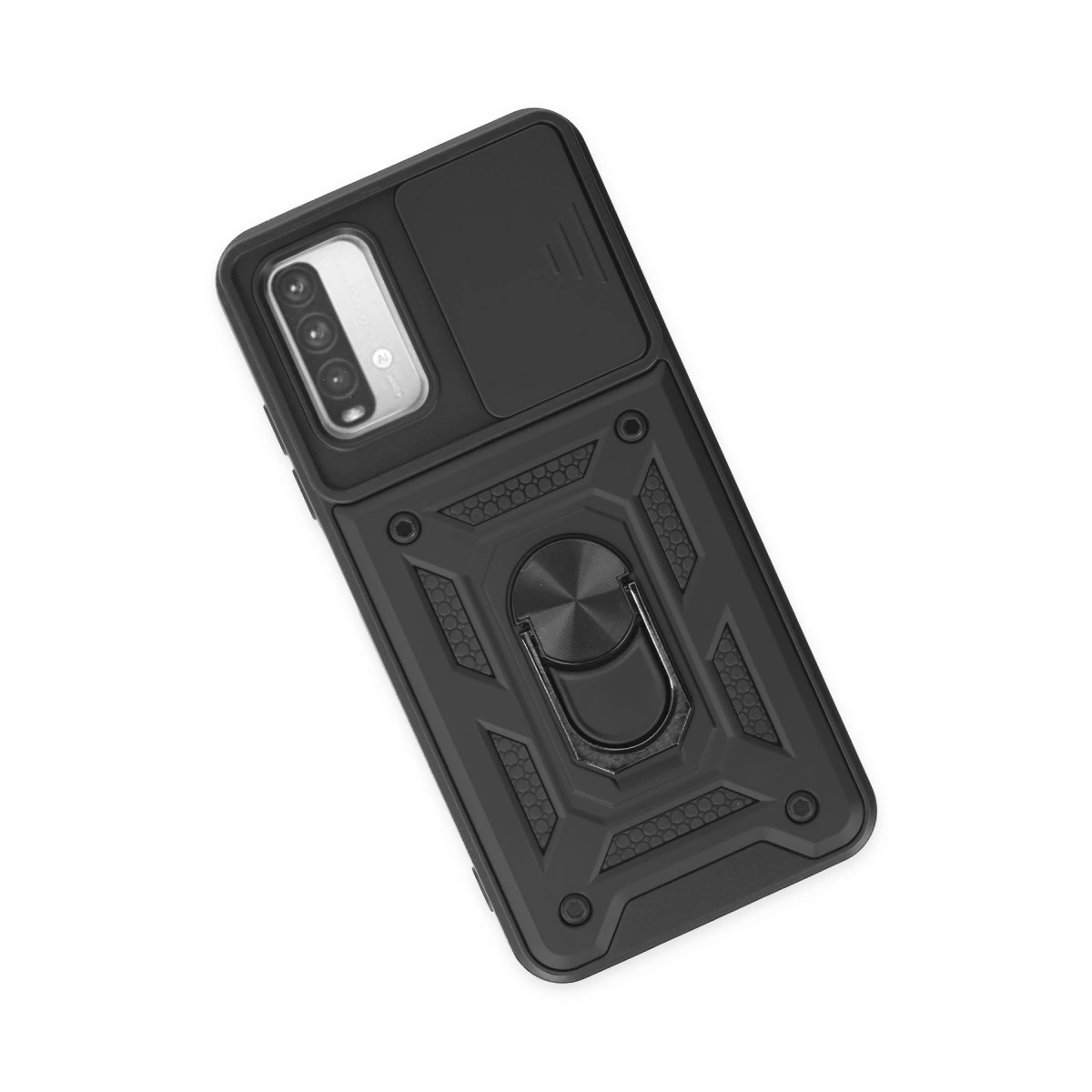 Kamera kapaklı ve halka tutuculu siyah telefon kılıfı.