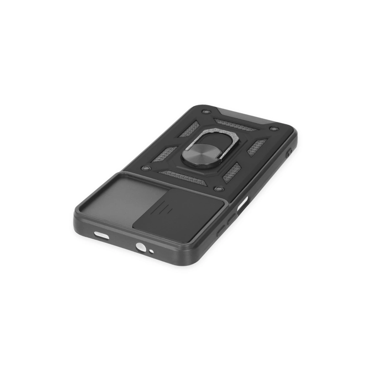 Halka tutuculu ve kayar kapaklı siyah telefon kılıfı.