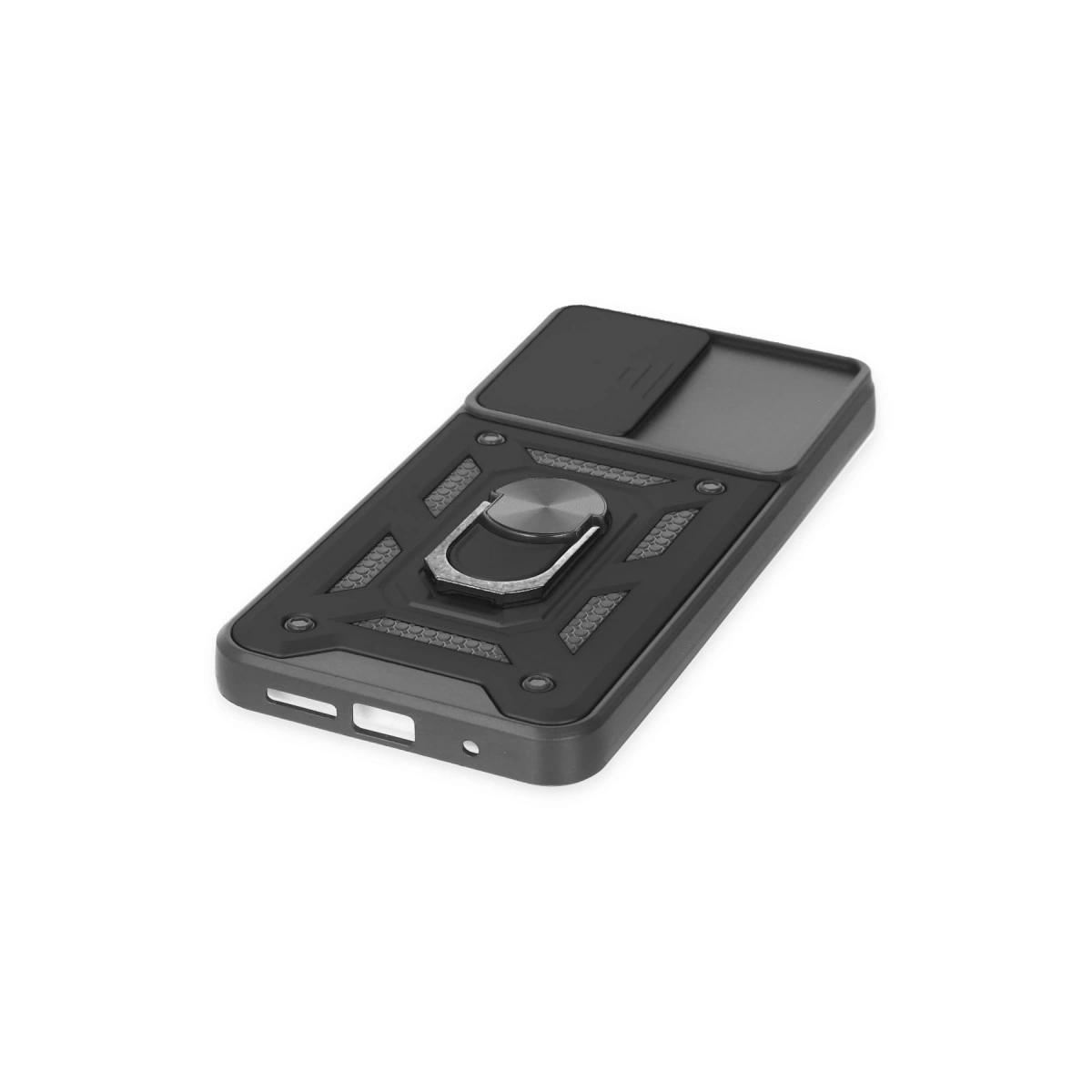 Halka tutuculu ve kaydırılabilir kamera kapaklı siyah telefon kılıfı.