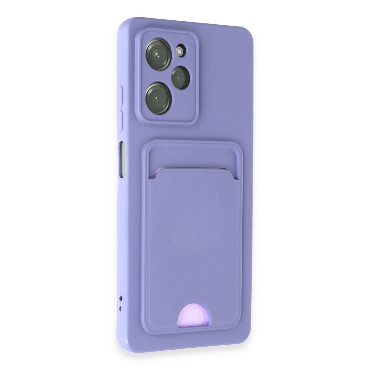 Kart tutuculu ve kamera modüllü mor telefon kılıfı.