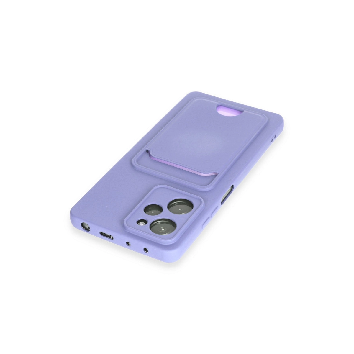 Kart tutuculu ve kamera yuvalı mor telefon kılıfı.