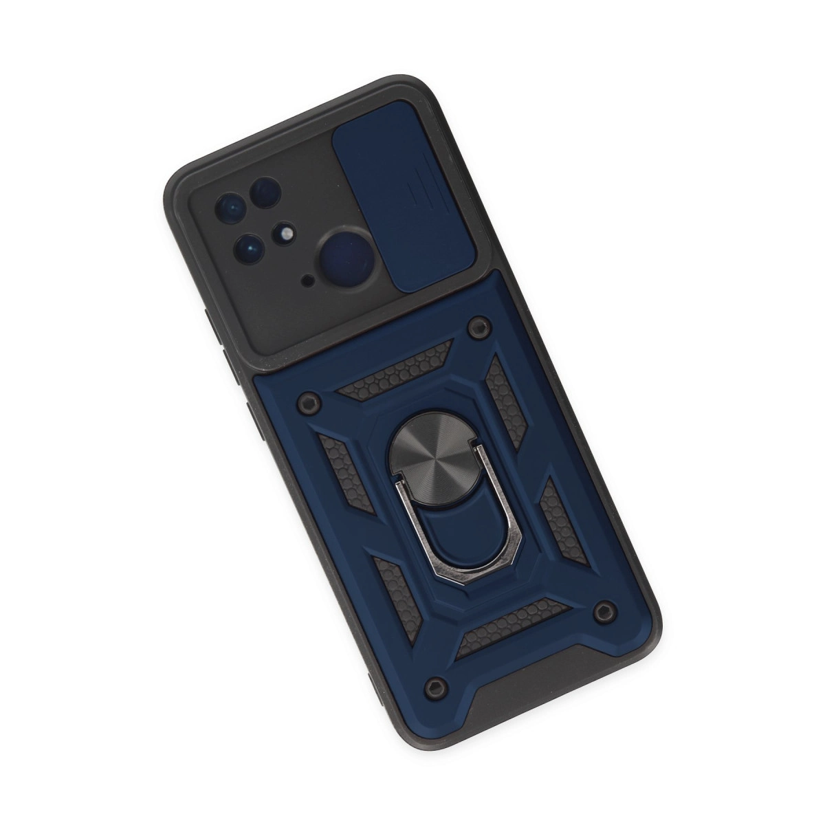 Halka tutuculu ve lens kapaklı koyu mavi telefon kılıfı.