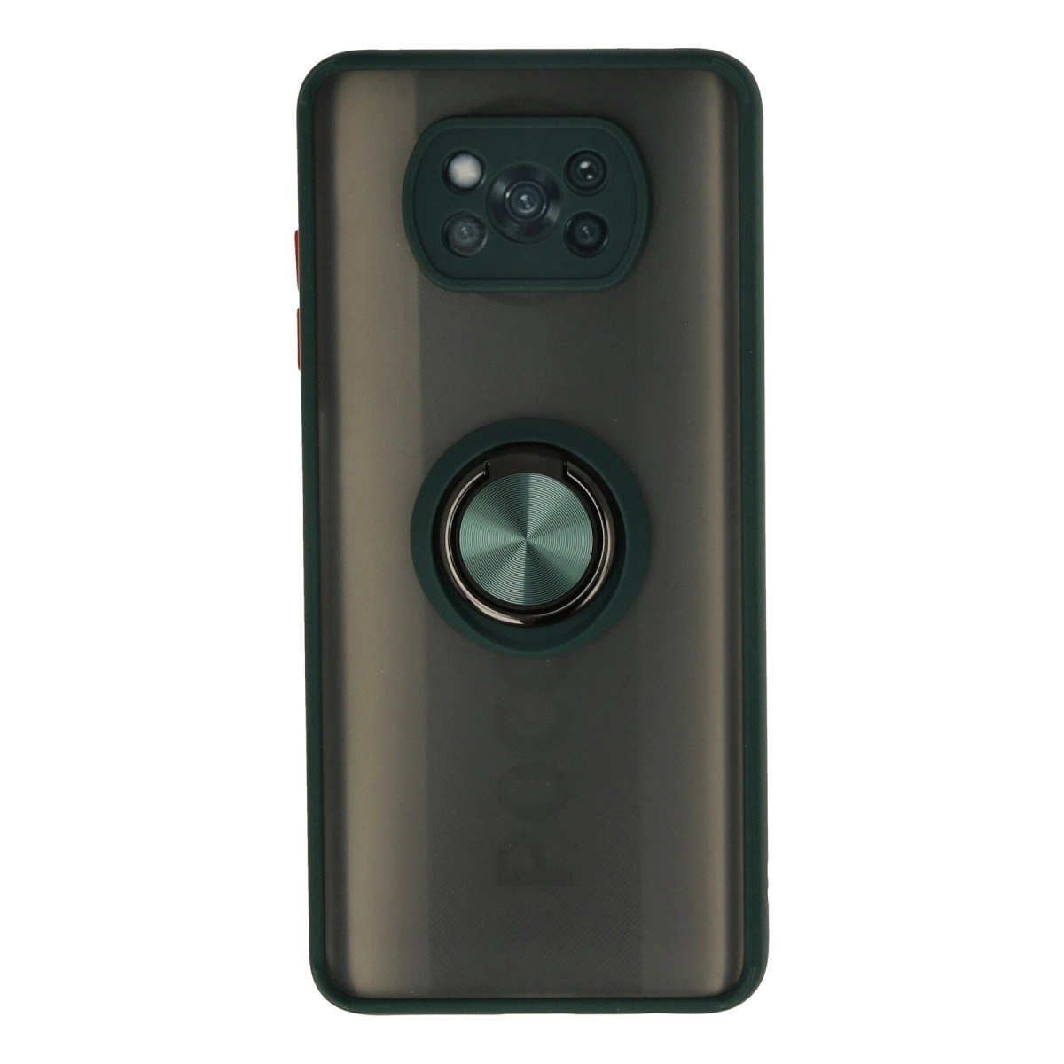 Yeşil kılıflı koyu gri telefon, halka tutucu ve kamera dizisi.
