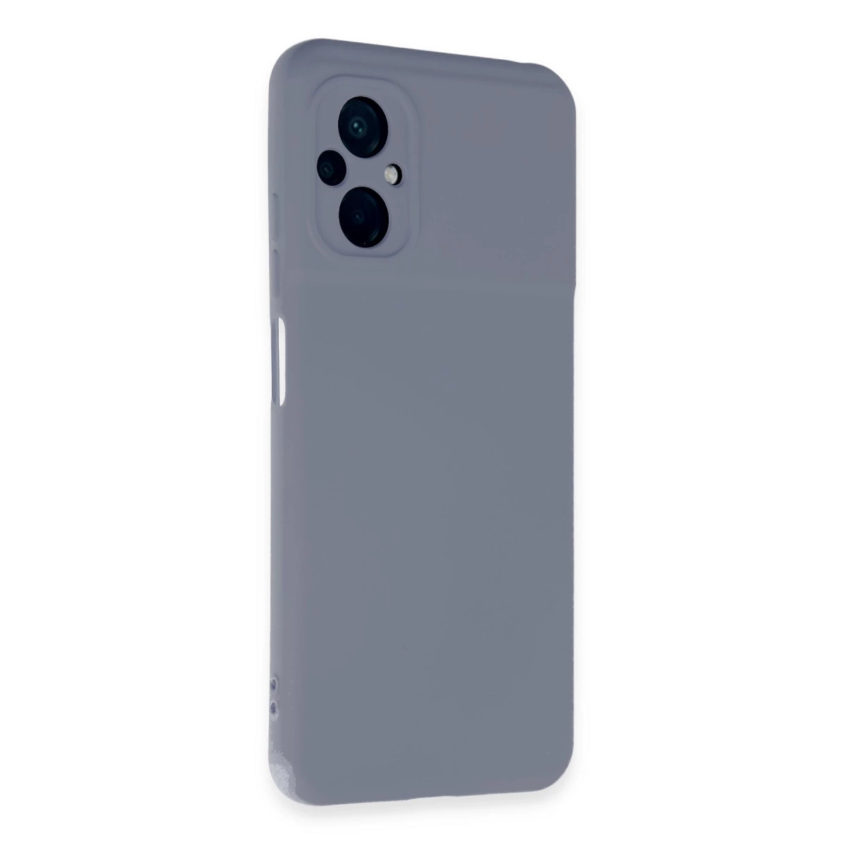 Arkada üçlü kamera kesimi olan gri telefon kılıfı.