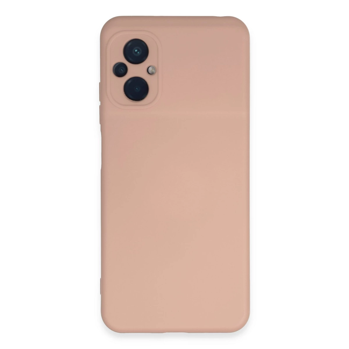Üst sol köşede üçlü kameraya sahip şeftali rengi telefon kılıfı.