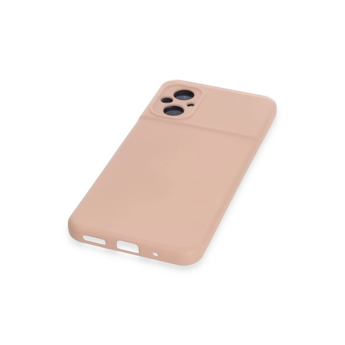 Kamera kesimli pembe telefon kılıfı beyaz zeminde duruyor.