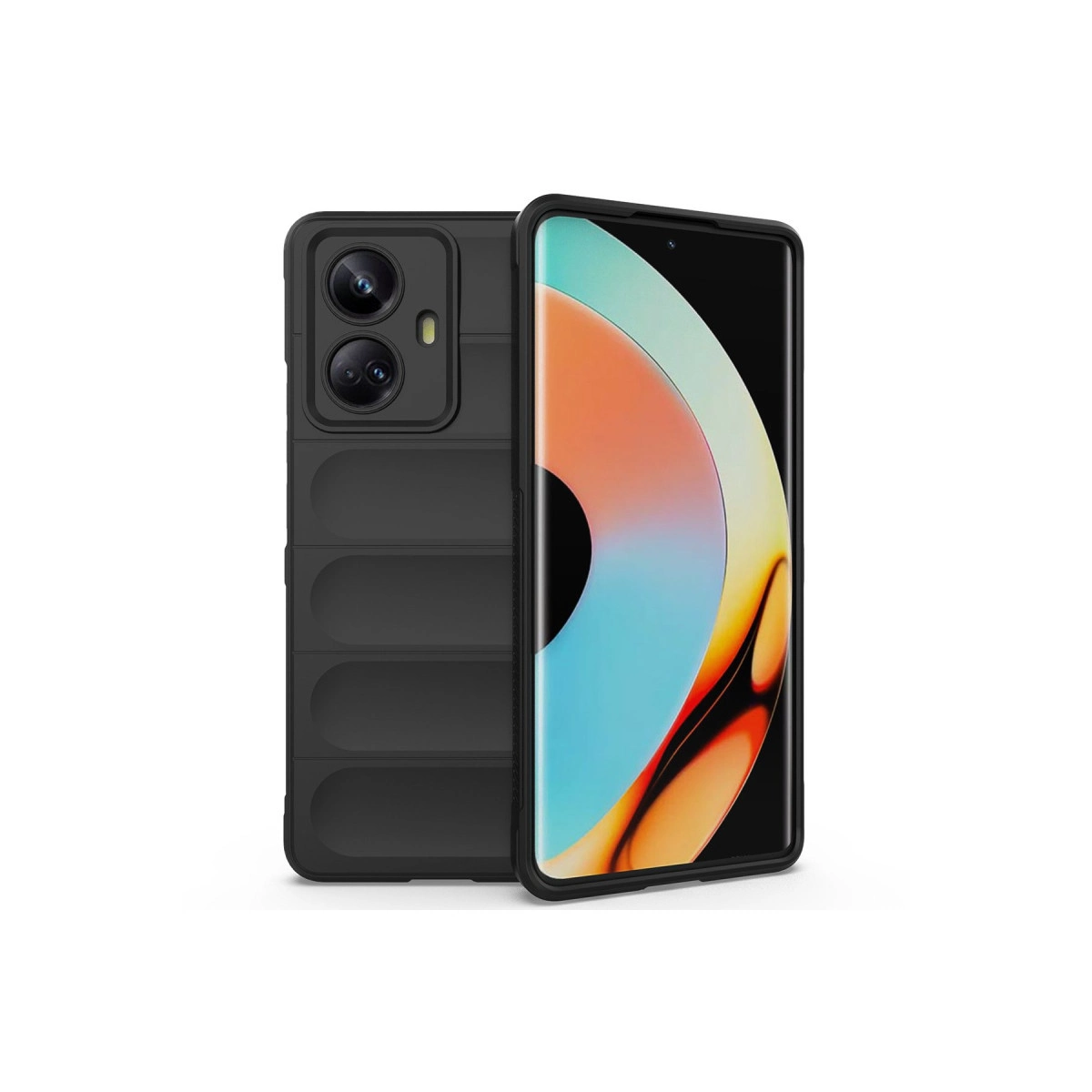 Koruyucu kılıflı siyah akıllı telefon ve renkli ekran duvar kağıdı.