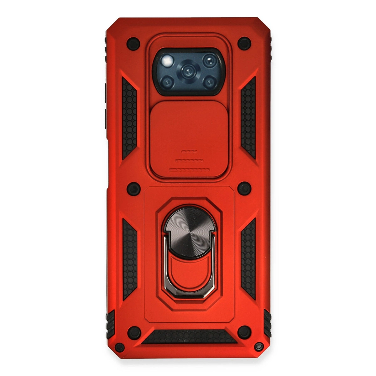 Kamera kapaklı ve halka tutuculu kırmızı telefon kılıfı.