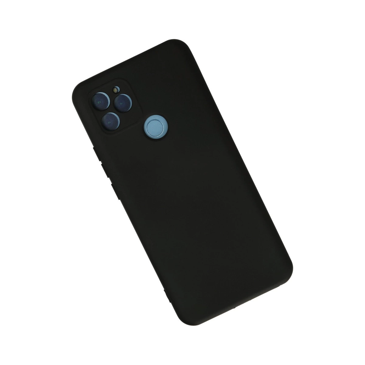 Üçlü kamera ve mavi parmak izi sensörlü siyah akıllı telefon.