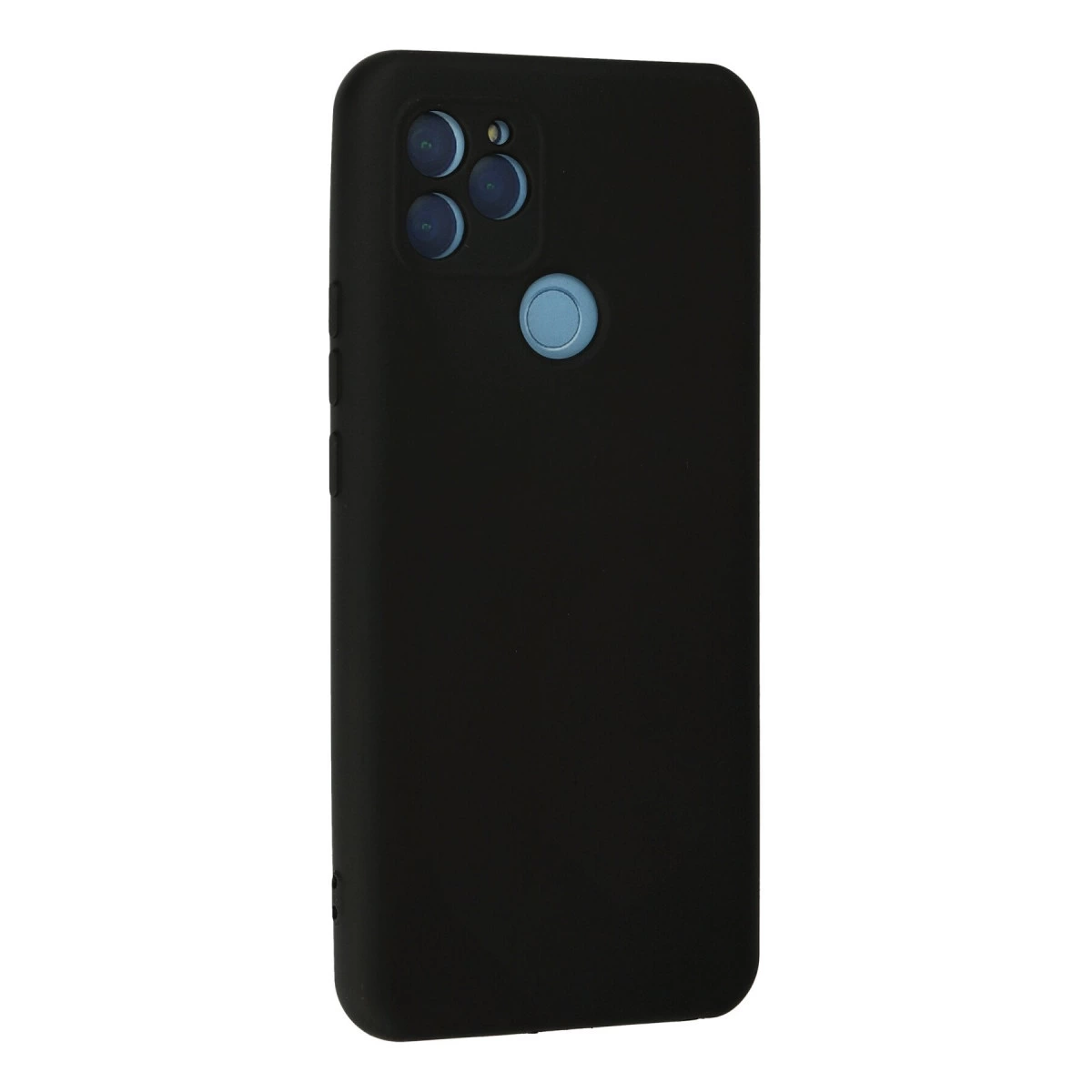 Üçlü kamera ve mavi parmak izi sensörlü siyah telefon kılıfı.