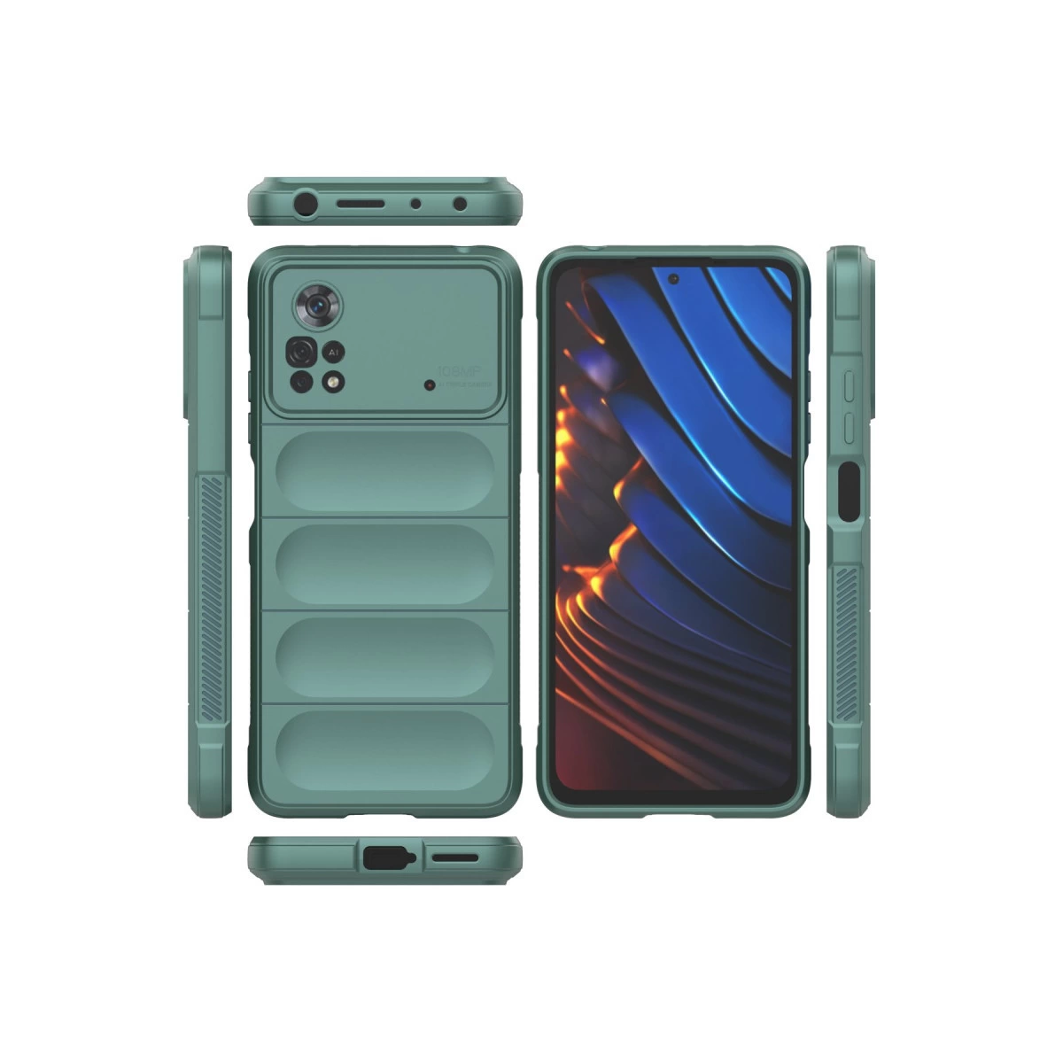 Çoklu açılardan gösterilen, kamera korumalı, teal renkli telefon kılıfı.