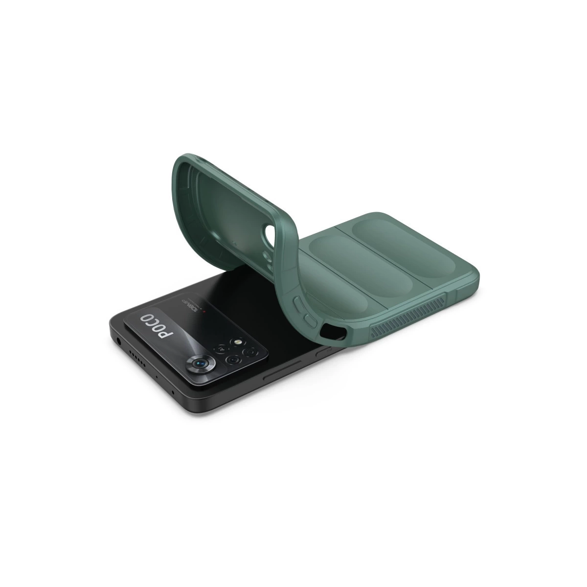 Yeşil telefon kılıfı siyah akıllı telefona yerleştiriliyor.