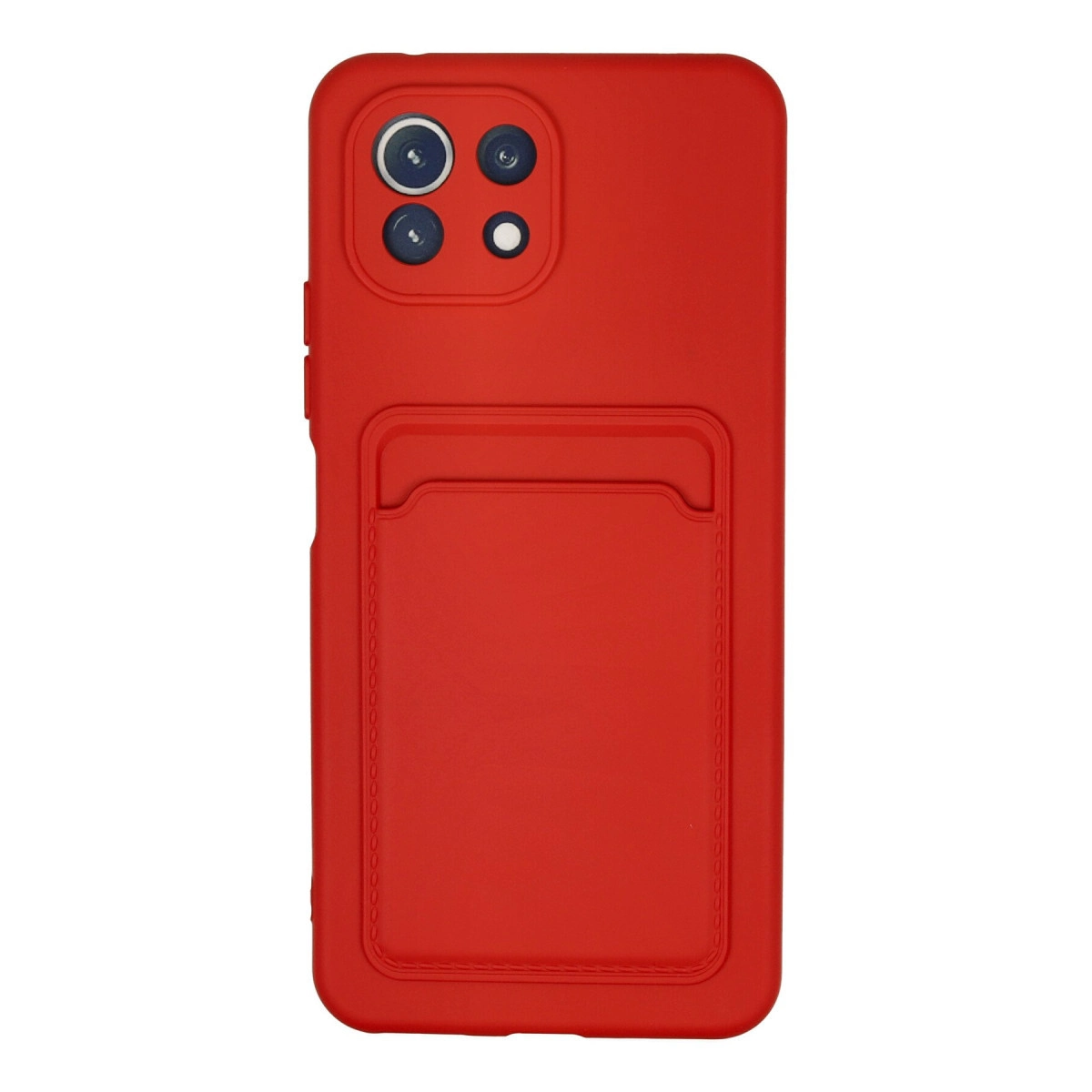 Kamera modülü ve arkada kartlık bulunan kırmızı telefon kılıfı.