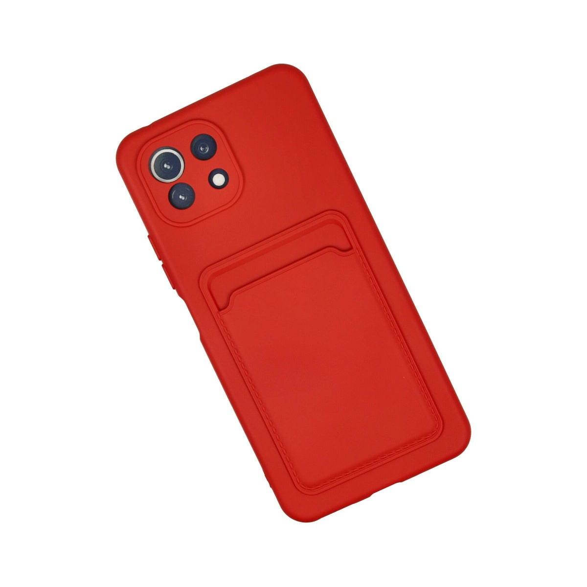 Kamera modüllü ve kartlıkli kirmizi telefon kilifi.