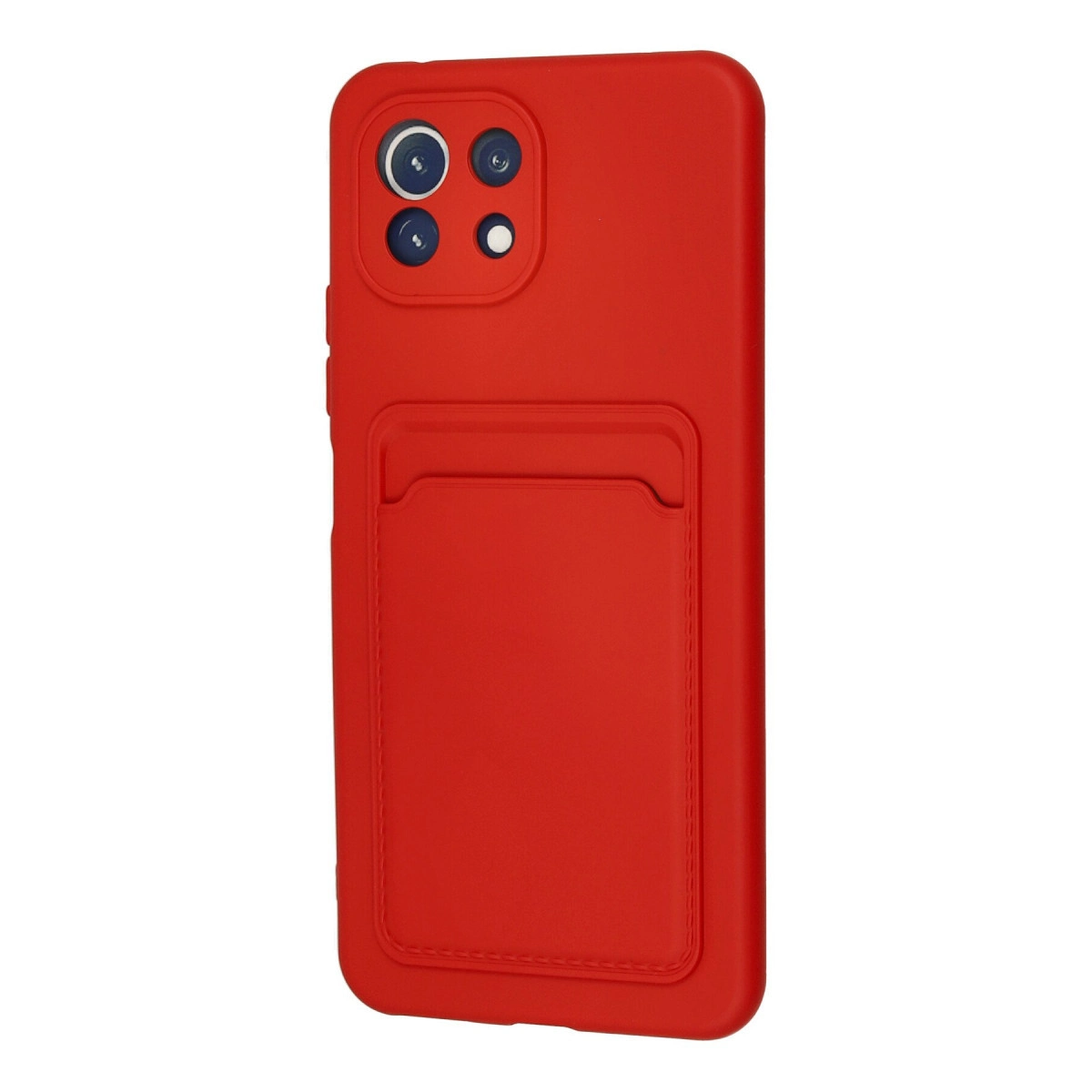 Kırmızı telefon kılıfı, kart yuvası ve arkada üç kamera lensi.