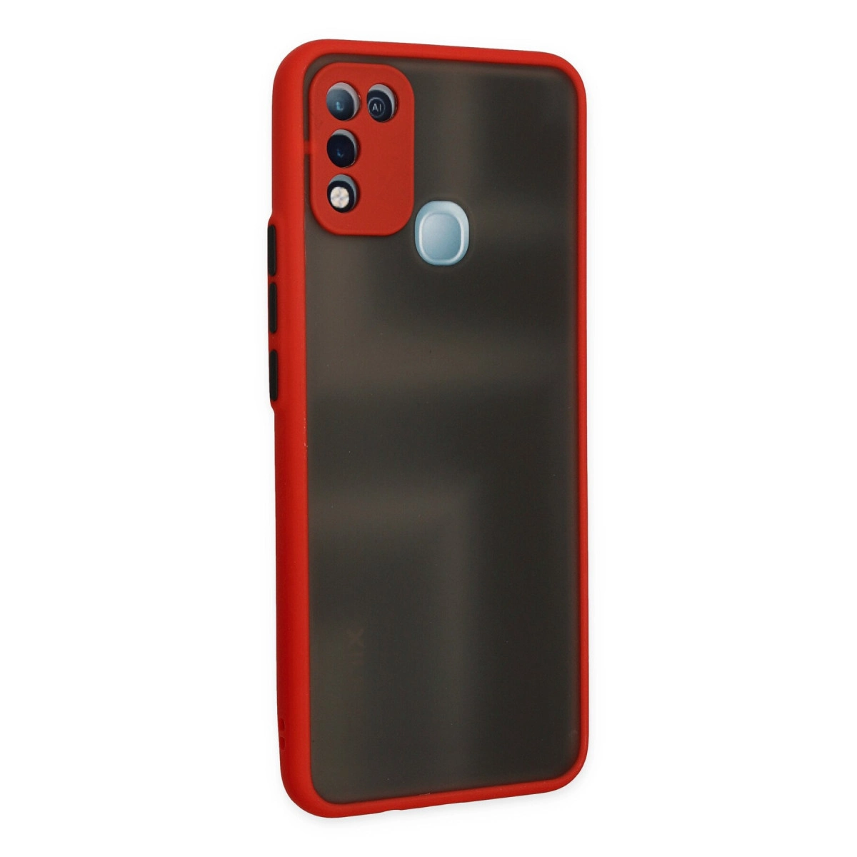 Koyu arka ve kamera modüllü kırmızı telefon kılıfı.